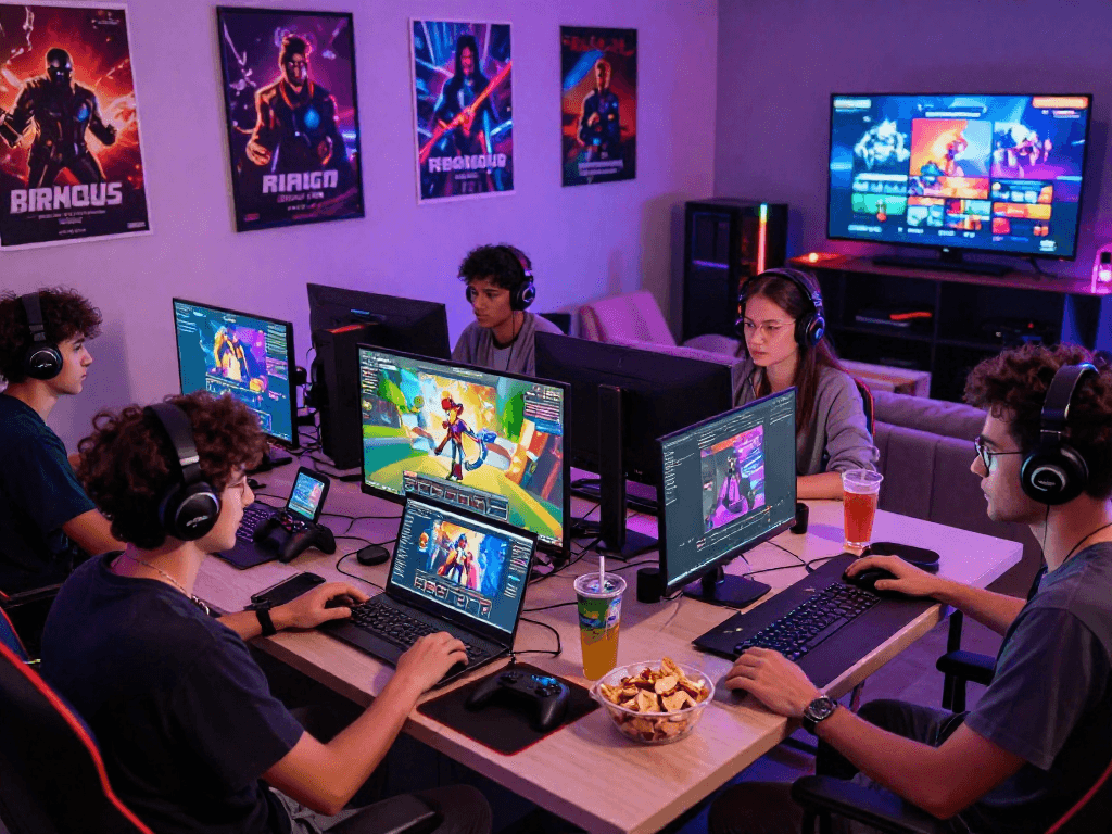 Group enjoying porngame sessions in a lively gaming lounge with colorful screens and vibrant atmosphere.