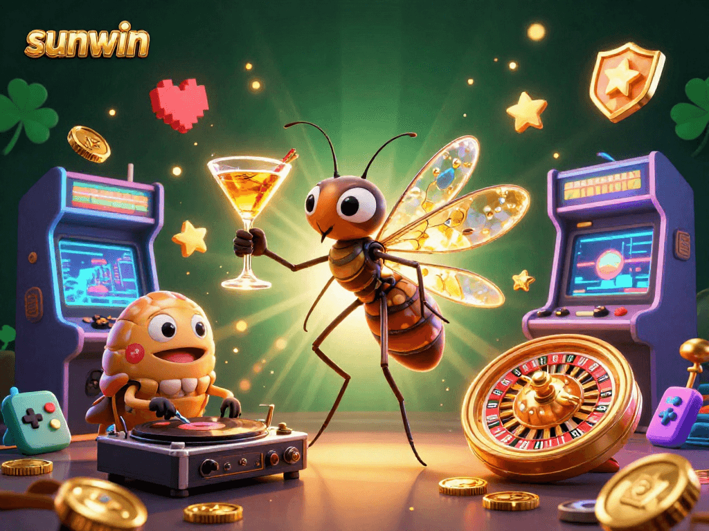 Experience the excitement at sunwin casino with a dynamic 3D scene featuring unique characters and gaming elements.