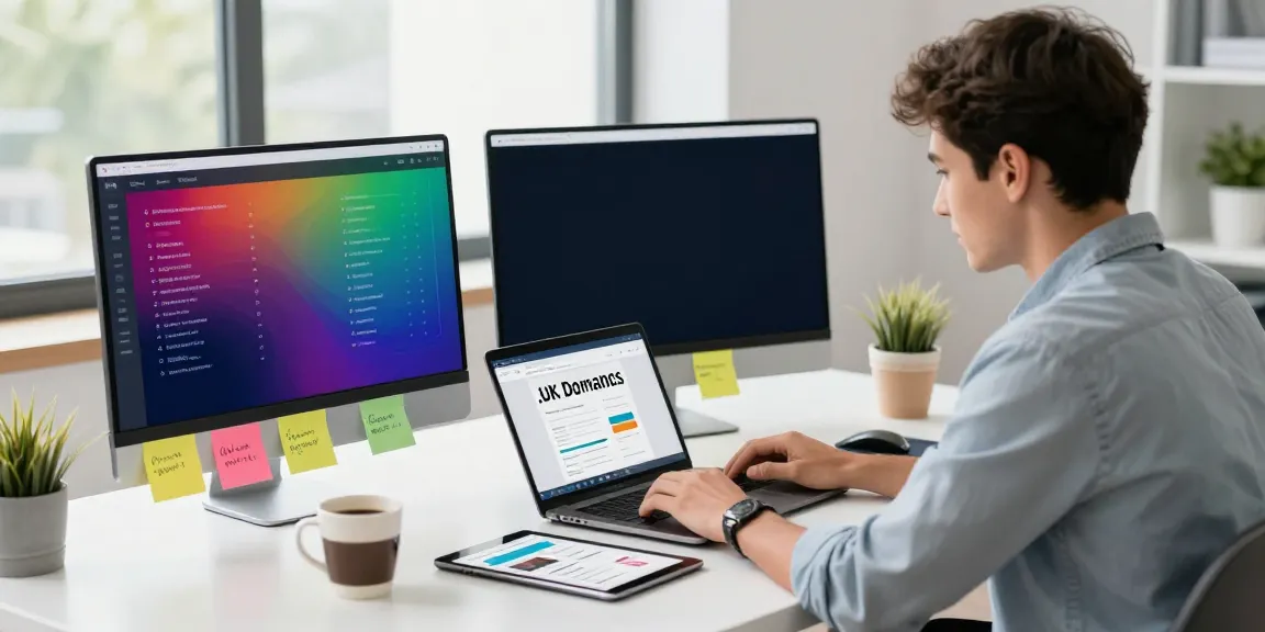 Buy .uk domain in a modern workspace with entrepreneur searching online.
