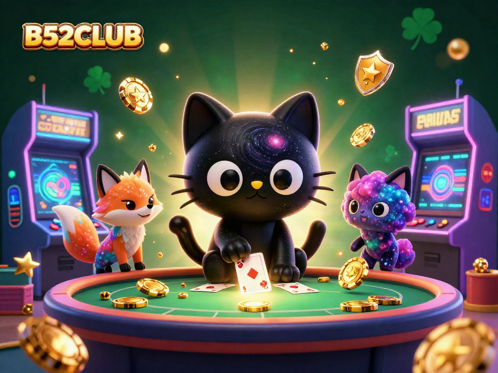 B52CLUB captures excitement as a cosmic casino unfolds with a black hole cat and nebula fox.
