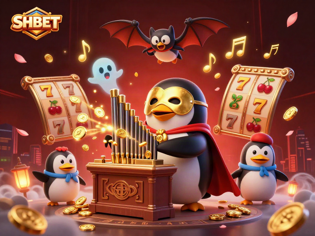 Experience SHBET's vibrant gaming scene with a penguin playing slots amidst a cascade of golden coins.