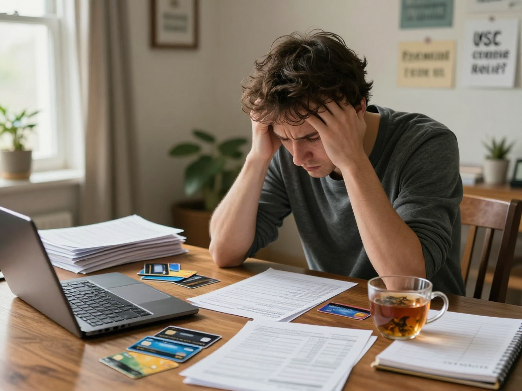 Individual finding solutions for debt relief at https://credit-consolidation.ca/ amidst cluttered bills and hopeful budgeting.