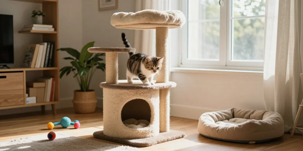 Adorable kitten climbing a stylish cat tower in a sunlit living room.