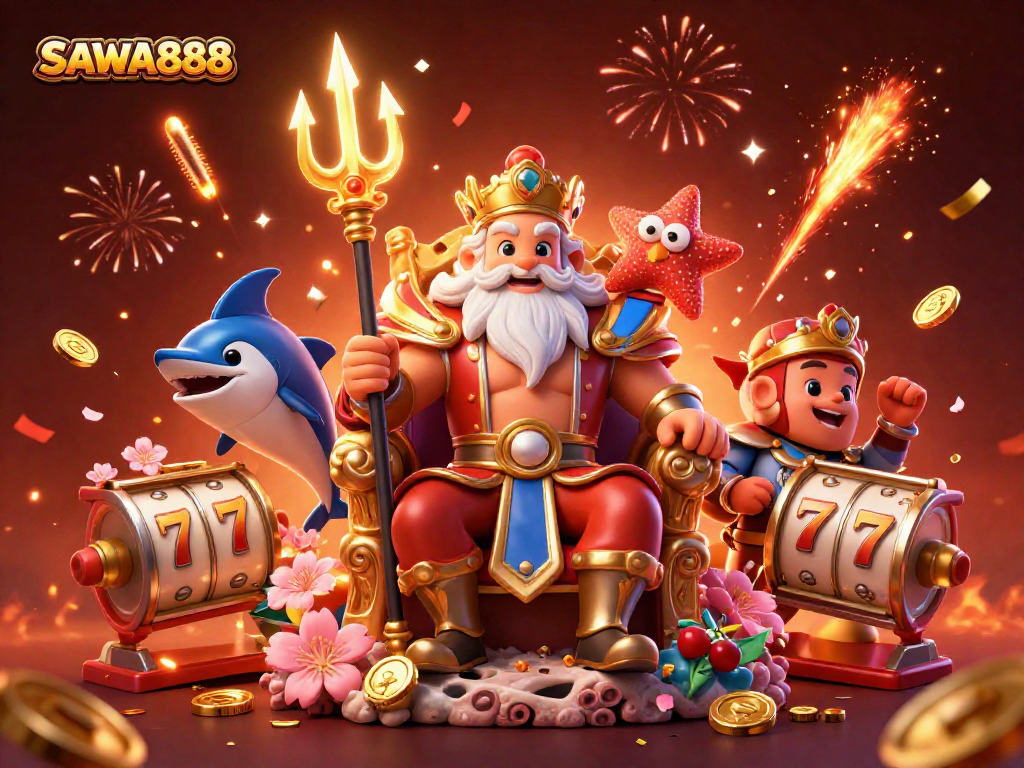 Experience SAWA888 with interactive slot reels, festive elements, and vibrant casino visuals.