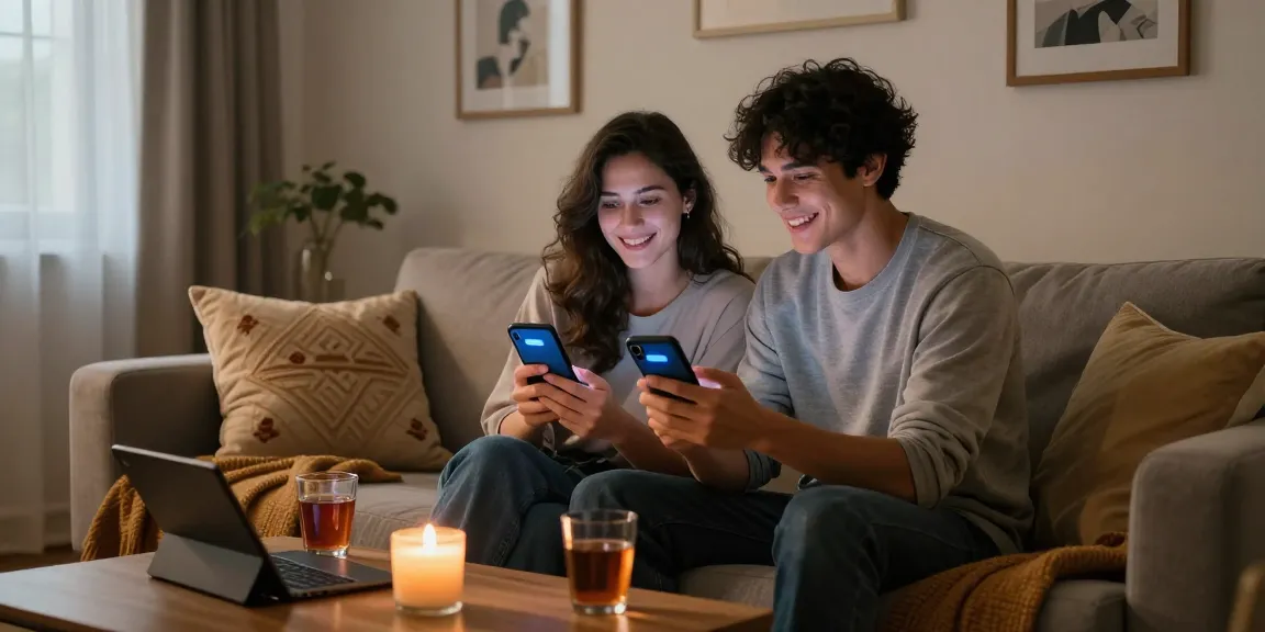 Couple enjoying an ai sex chat on smartphones in a cozy home setting