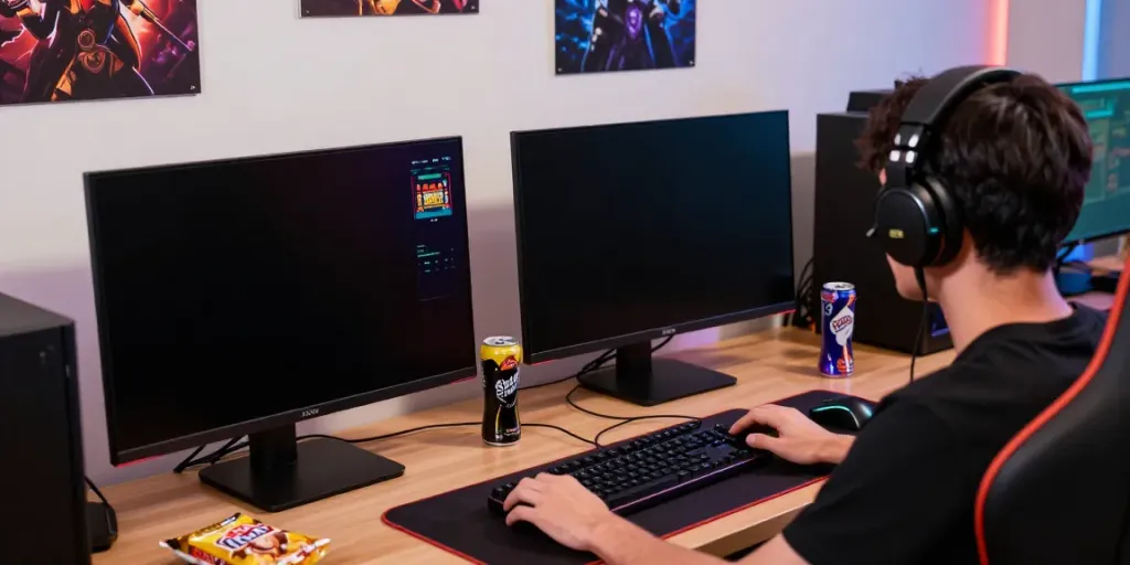 Immersive gaming setup showcasing Link Alternatif Vegas88 with dynamic screens and lively atmosphere.