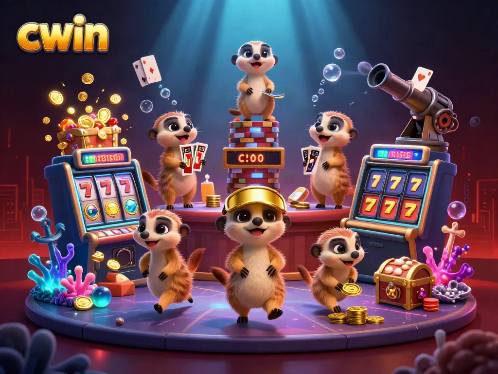 Experience thrilling gaming at CWIN with lively meerkats operating a vibrant casino.