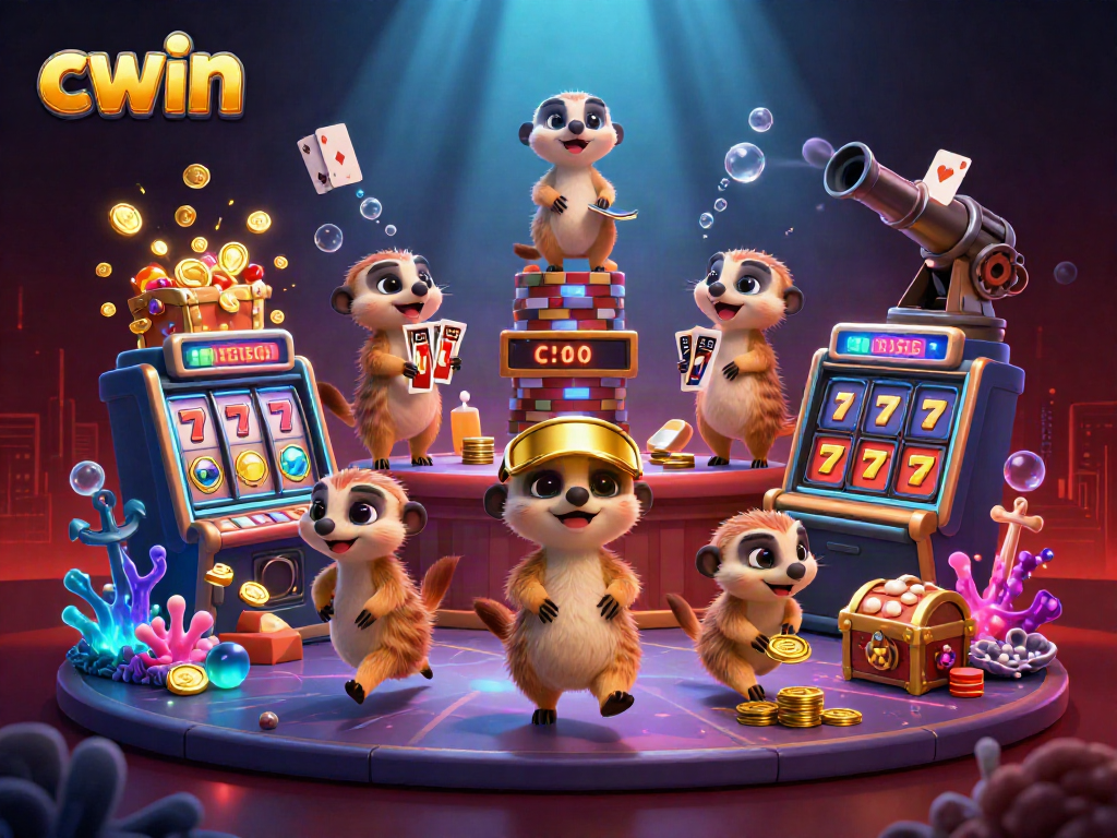 Experience thrilling gaming at CWIN with lively meerkats operating a vibrant casino.