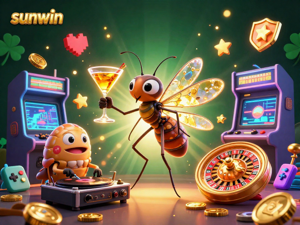 Experience the excitement at sunwin casino with a dynamic 3D scene featuring unique characters and gaming elements.