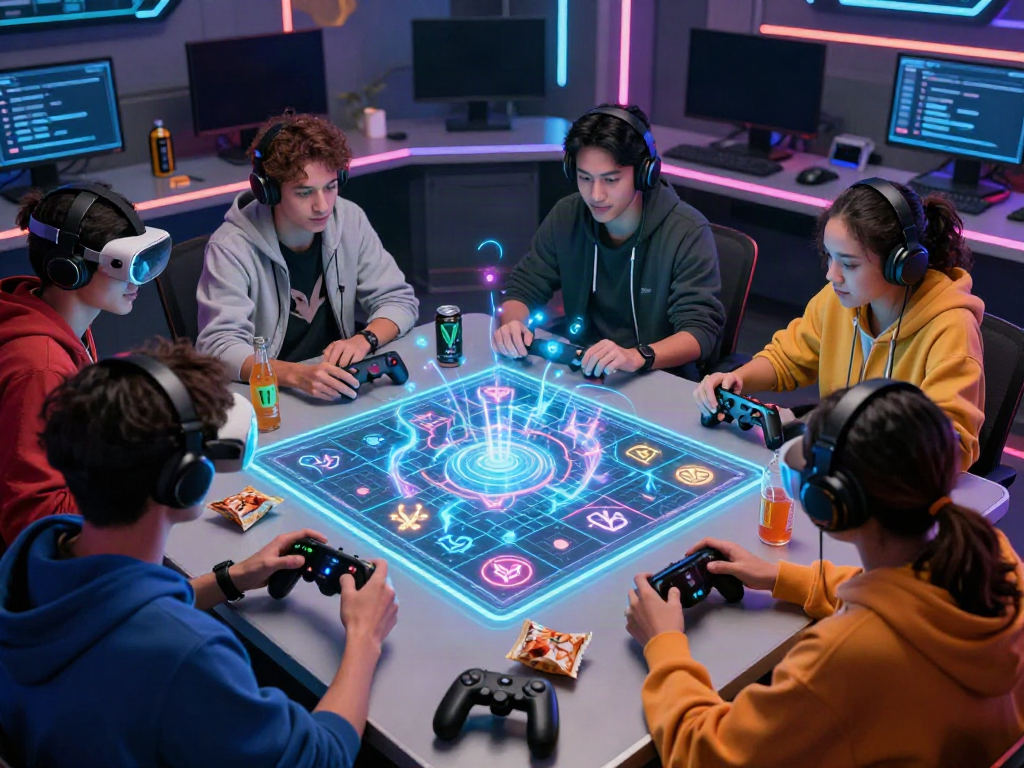 Players working together on a vibrant Vex puzzle from vexpuzzle.com in a high-tech gaming environment.