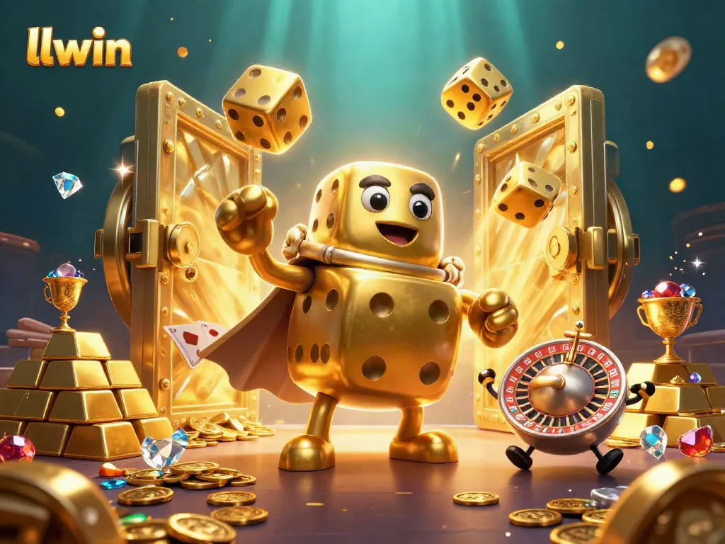 llwin features a 3D cartoon golden dice golem and roulette companion in a vibrant casino scene.
