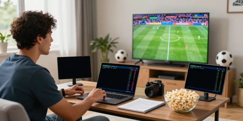 Engaged soccer fan analyzing live scores on tebakskor889.org in a cozy living room.