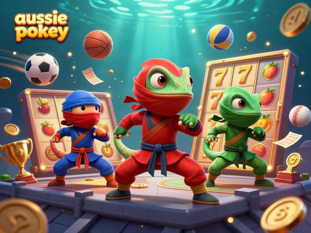 Experience the excitement of aussie pokies with vibrant slot reels and ninja chameleons in action.