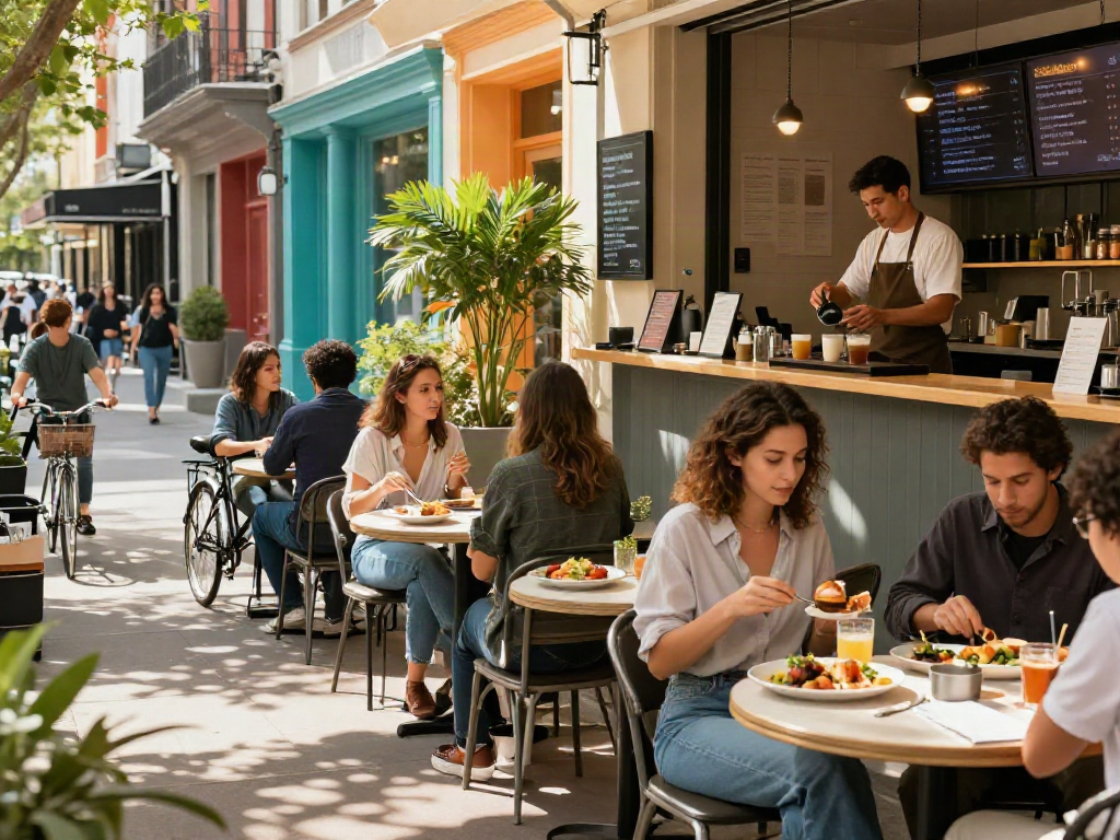 Engaging café scene at bedfordsocialclub.com with diverse diners enjoying fresh meals and coffee.