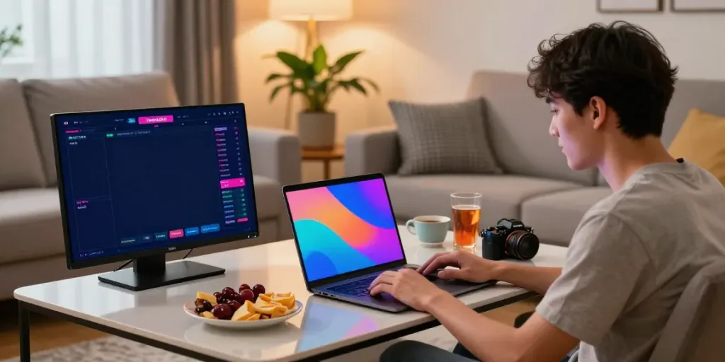 Exciting taruhan bola DewaGG betting scene with laptop, snacks, and sports stats