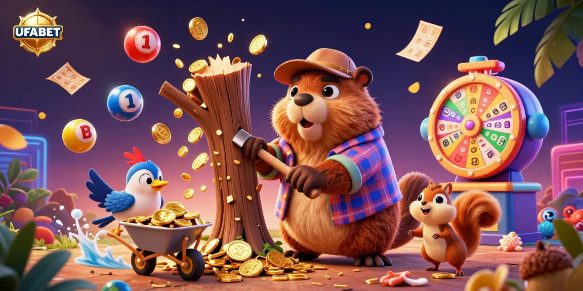 Engage with exciting UFABET gambling activities where golden coins rain from trees in a vibrant casino scene.