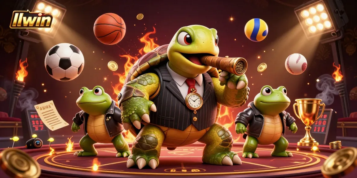 Experience the thrilling action of llwin with a dynamic 3D illustration featuring a snapping turtle in a casino setting.