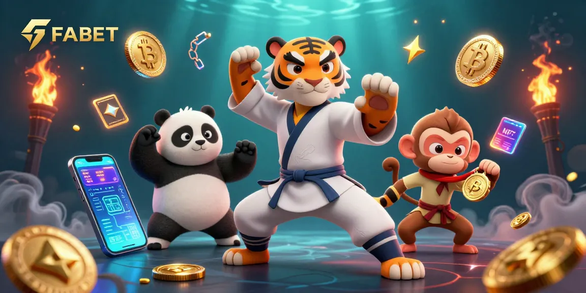 Engage with FABET's thrilling gaming world featuring a kung fu tiger, panda, and playful monkey.