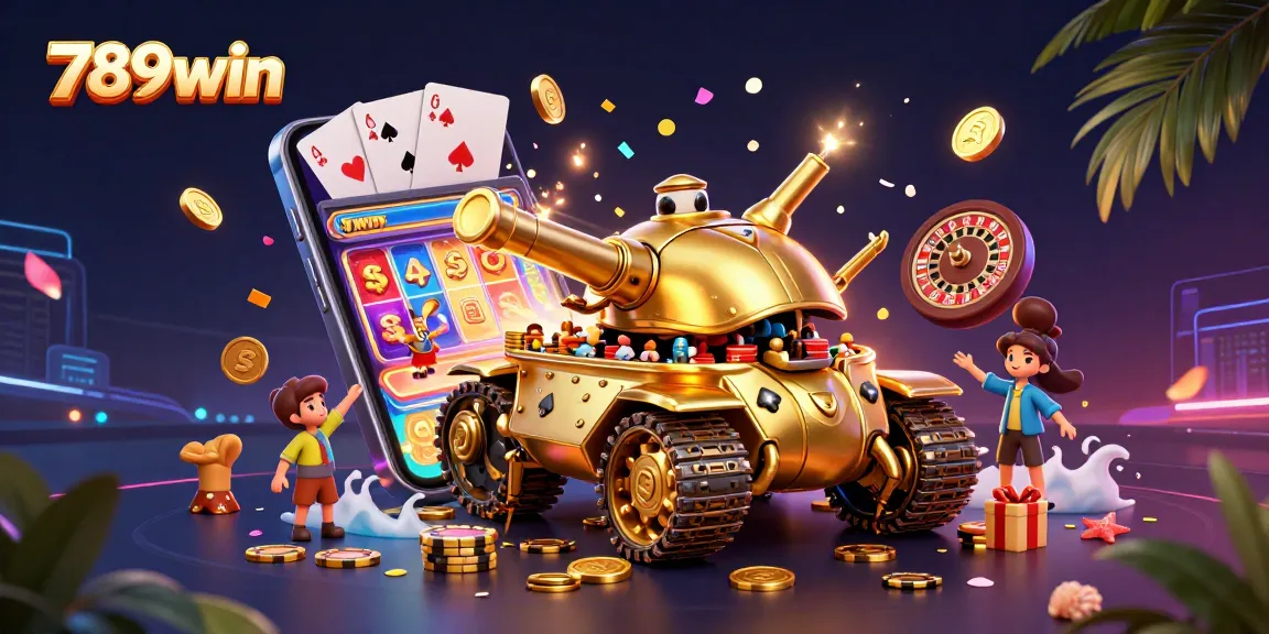 Experience the vibrant 789win casino with a golden beetle tank, slot games, and colorful confetti.