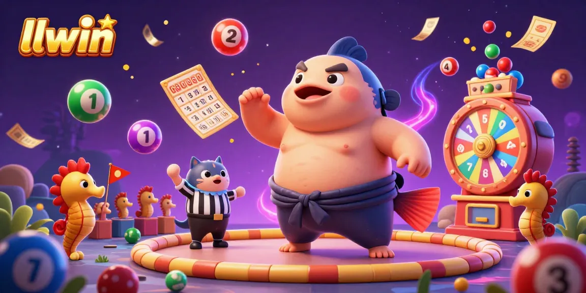 llwin and a vibrant underwater casino scene featuring a sumo blowfish and seahorses, surrounded by lottery elements.