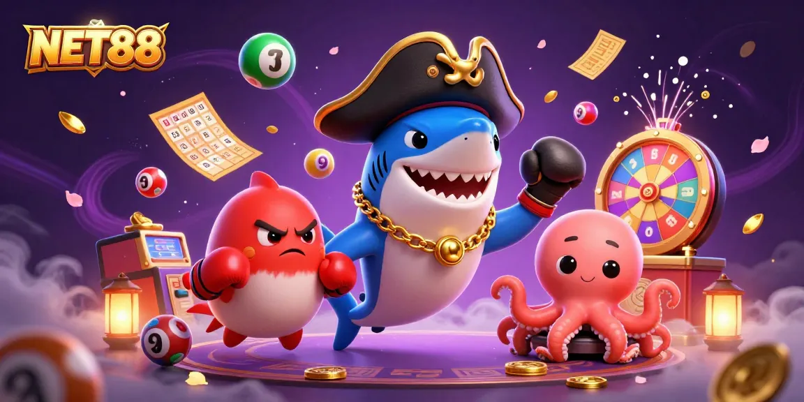 Engage with NET88's thrilling atmosphere where a charismatic shark and friends celebrate winning moments.
