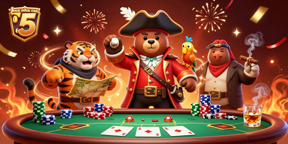 Engage with keo nha cai 5 while enjoying a vibrant casino scene featuring a bear pirate and companions.