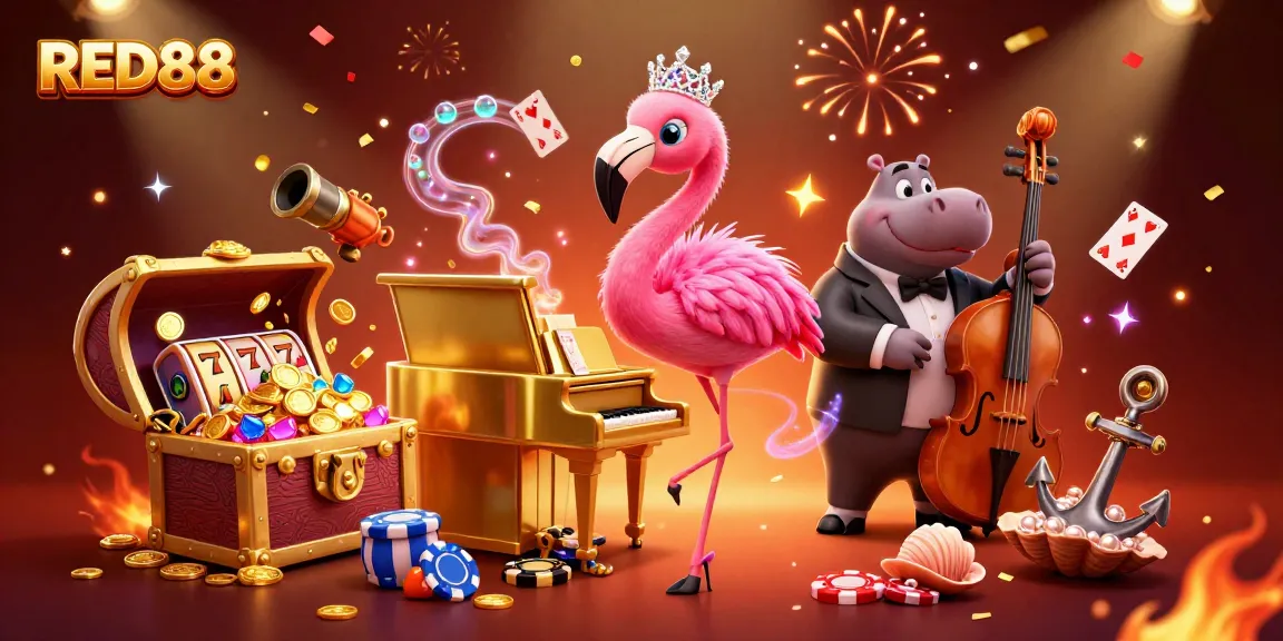 Join the fun at RED88 with a captivating scene of a flamingo singer and hippo bassist!