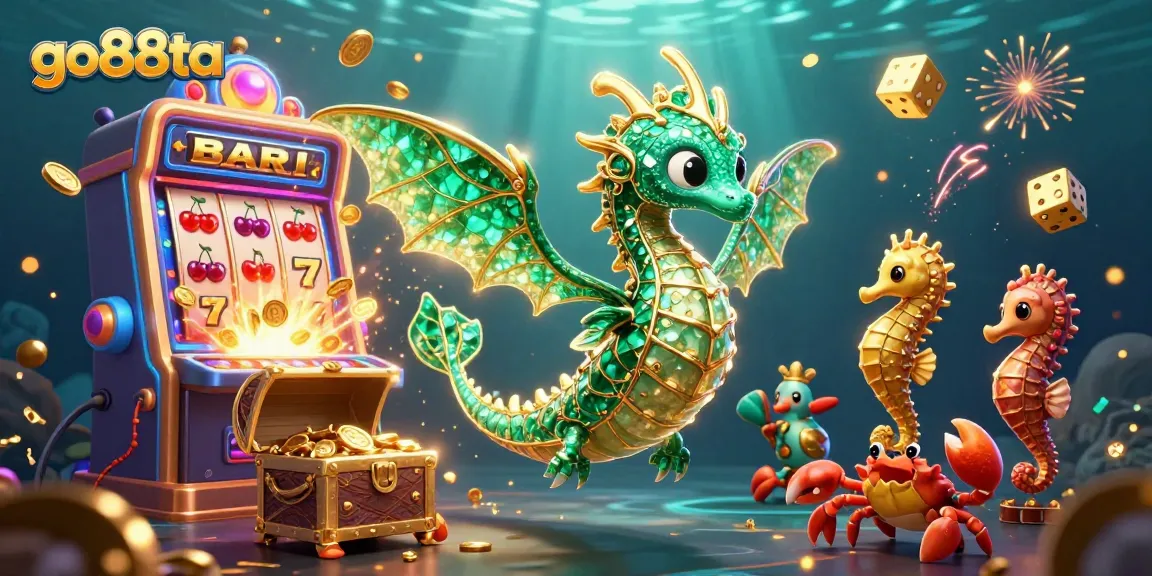 Play exciting games at go88ta with a vibrant sea dragon illustration surrounded by jackpots and treasures.