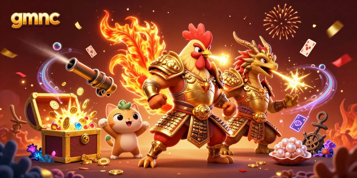 Engage with gmnc at this vibrant illustration featuring a samurai rooster and dragon amidst casino elements.