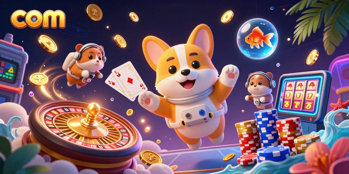 Experience thrilling moments in a vibrant casino scene featuring com, an astronaut corgi and colorful characters engaging with casino elements.