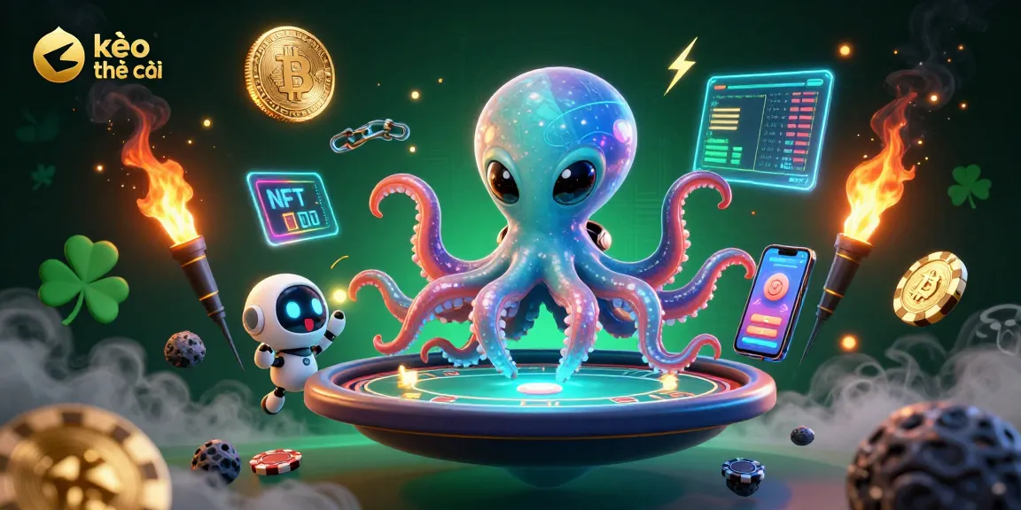 Win big with kèo nhà cái as a 3D octopus and robot play poker in a galactic casino.