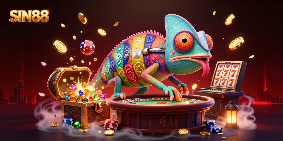 SIN88 casino owner chameleon grabbing coins in a vibrant digital illustration filled with slots and gems.