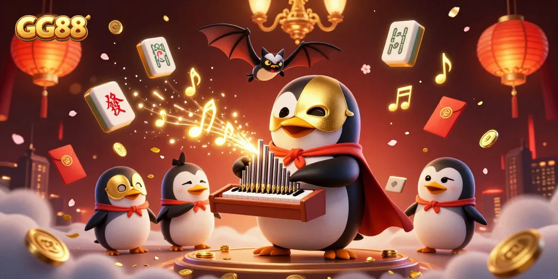Experience the thrill of GG88 with a festive 3D illustration of a penguin playing a golden organ amidst a vibrant casino scene.