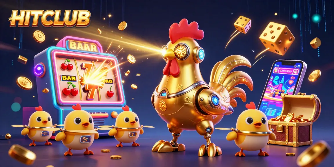 Engage in vibrant HITCLUB casino action with a golden rooster robot and thrilling slot machine.