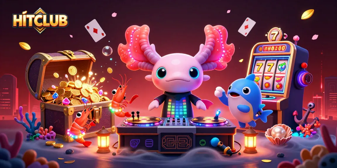 Engage with HITCLUB while spinning lucky slot machines alongside neon axolotl DJ and vibrant sea creatures.