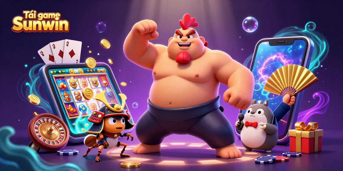 Tải game Sunwin features a powerful sumo rooster and samurai cricket in an electric casino scene.