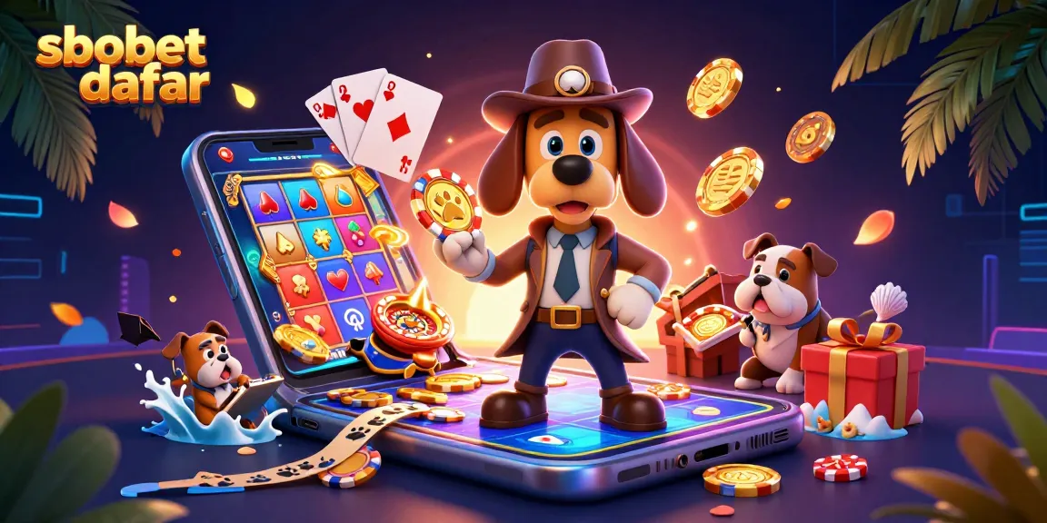 Engage in sbobet daftar with a dynamic casino scene featuring cartoon detective examining poker clues and mobile games.