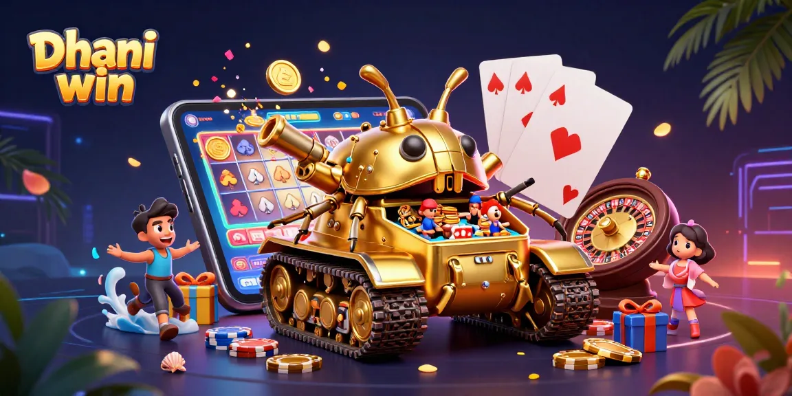 Dhani win features an engaging 3D scene of a golden beetle tank casino, embodying excitement with slot games and lucky rewards.