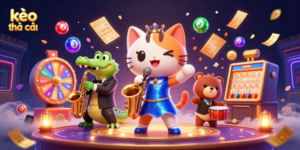 Experience kèo nhà cái excitement with jazz-singer cat, sax-playing crocodile, and drum-playing bear in a vibrant casino scene