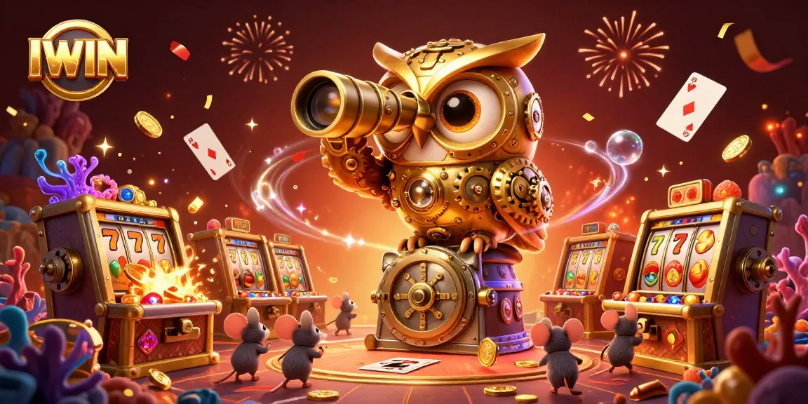 Engage in thrilling casino action with IWIN's dynamic 3D golden owl scene, packed with slots and treasures.