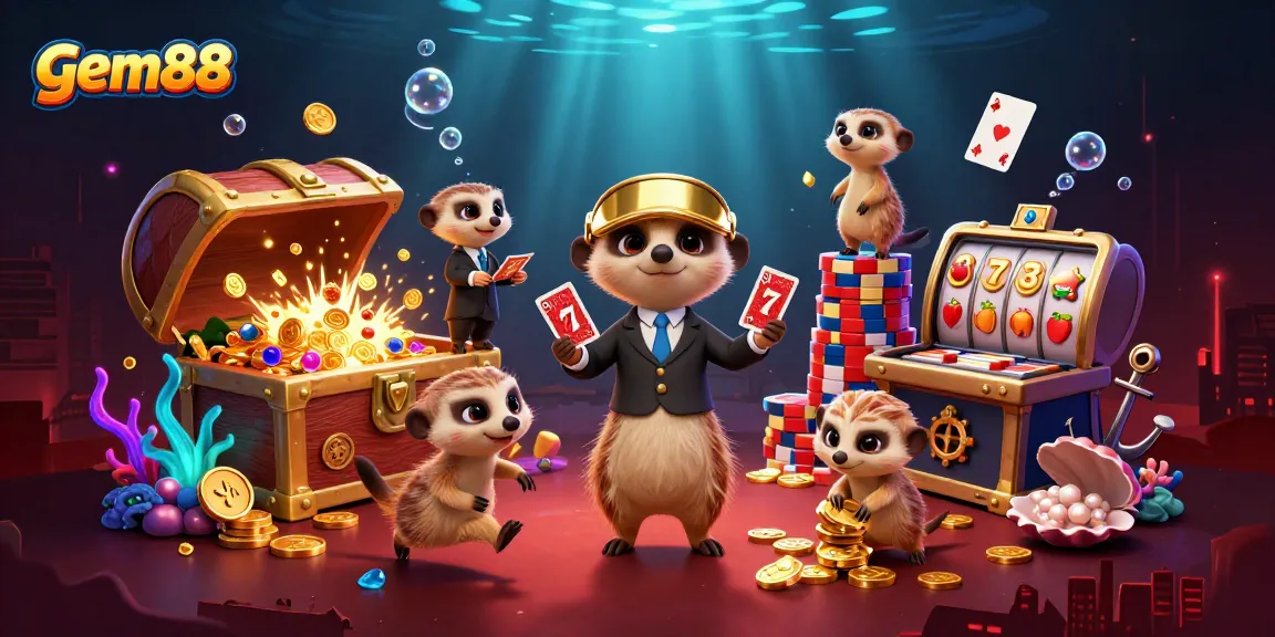 Experience gem88 excitement with a dynamic cartoon meerkat casino scene filled with treasures!