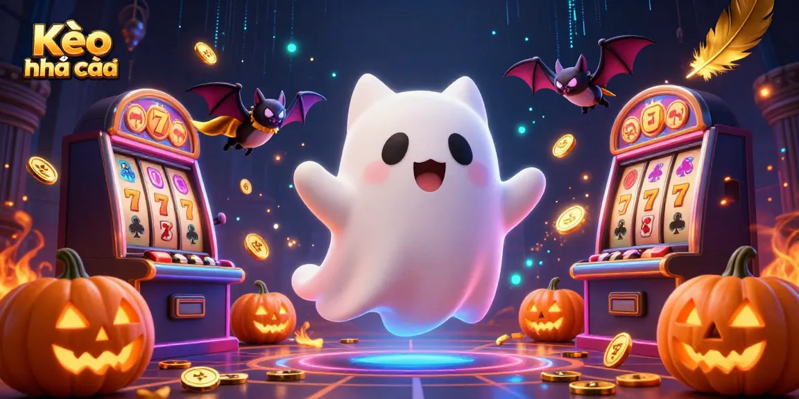 Engage with Kèo nhà cái using a whimsical 3D illustration of a ghost cat in a haunted casino.