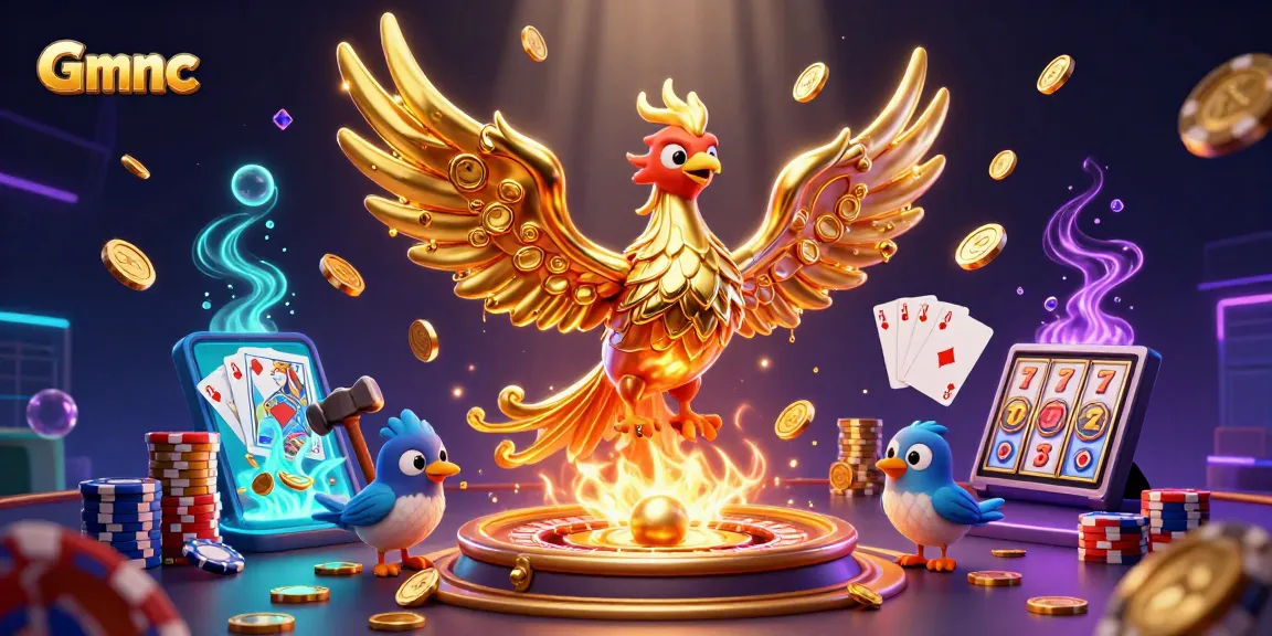 Spin to win at Gmnc with a golden phoenix unleashing treasures in this vibrant casino illustration.