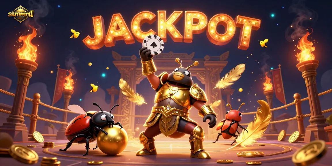 Engage with sunwint1's exciting gaming scene, featuring heroic beetles and jackpot elements in a vibrant casino.