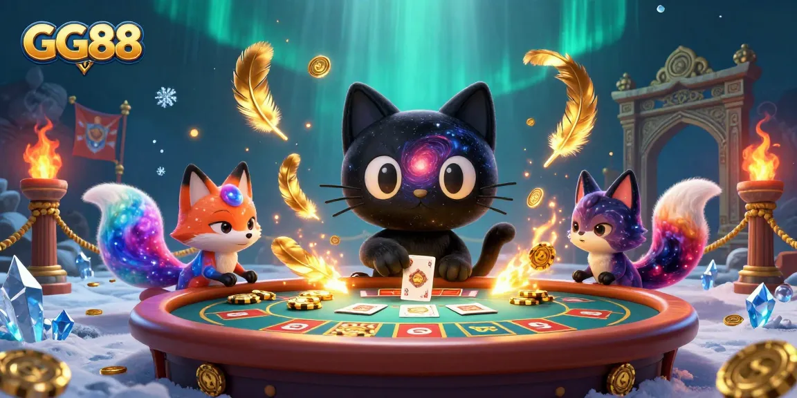 Engage in thrilling gaming experiences at GG88 with a whimsical cat and colorful fox in a vibrant casino.